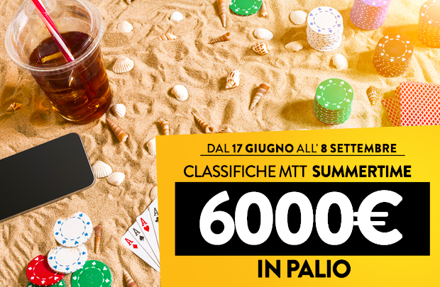 Classifiche MTT “Summertime”: dal 17 giugno gioca i tornei sulla nostra poker room, accumula punti, scala la graduatoria e vinci fino a 700 euro al mese!