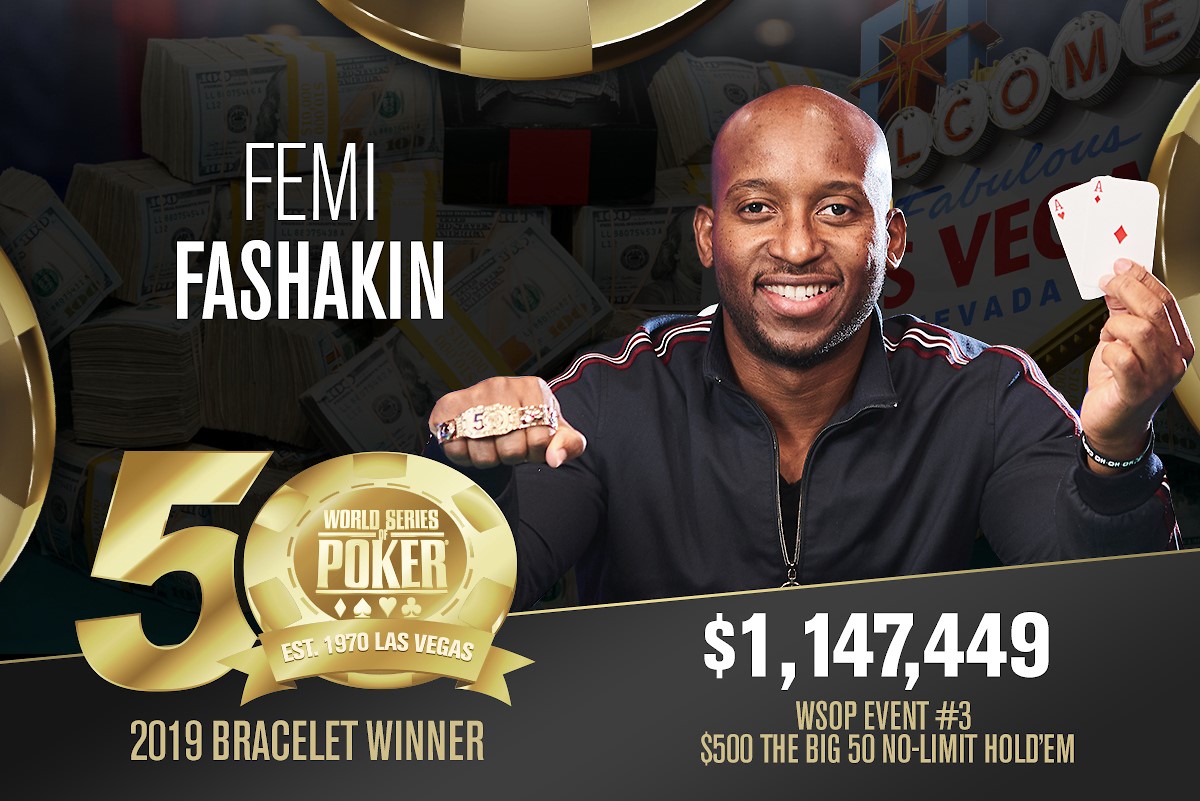 WSOP – Femi Fashakin è il campione del torneo dei record! In 28.371 hanno partecipato al $500 The Big 50