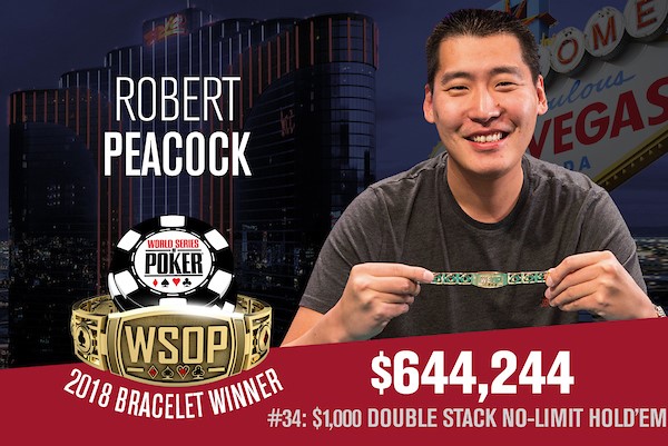 WSOP – Prima volta col braccialetto al polso per Robert Peacock e Yueqi Zhu! Per il cinese sono 72 in the money alle World Series